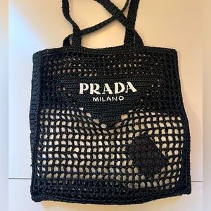 Prada Black Raffia Crochet Tote Bag in Black